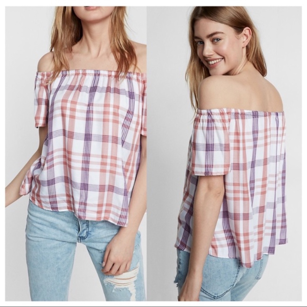 Express Off The Shoulder Plaid Top